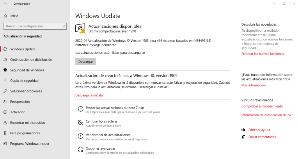 Pantalla de Windows Update para actualizar Windows 10