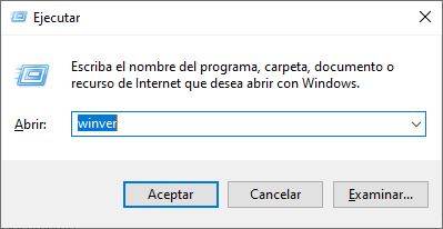 Ventana ejecutar de Windows 10 usando el comando "winver"