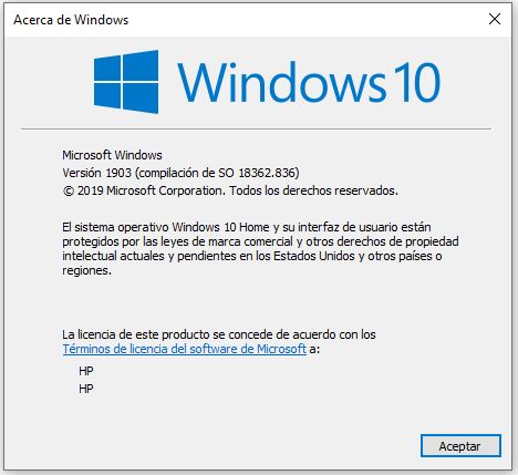 Ventana acerca de Windows sacada por winver para ver la versión de Windows 10 que tiene un PC